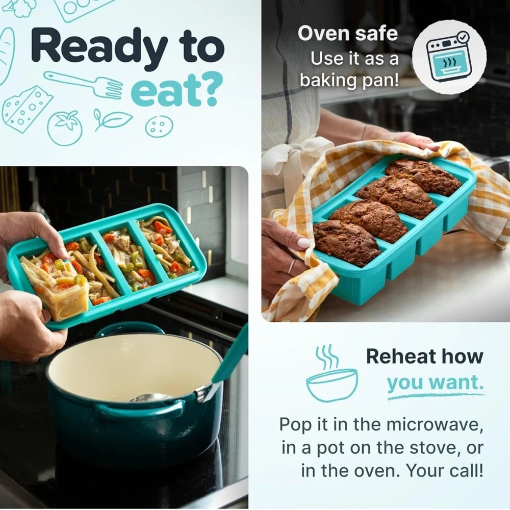 Blue Food Storage Tray with Lid - Flexible Silicone Portions - Picture 2 of 7